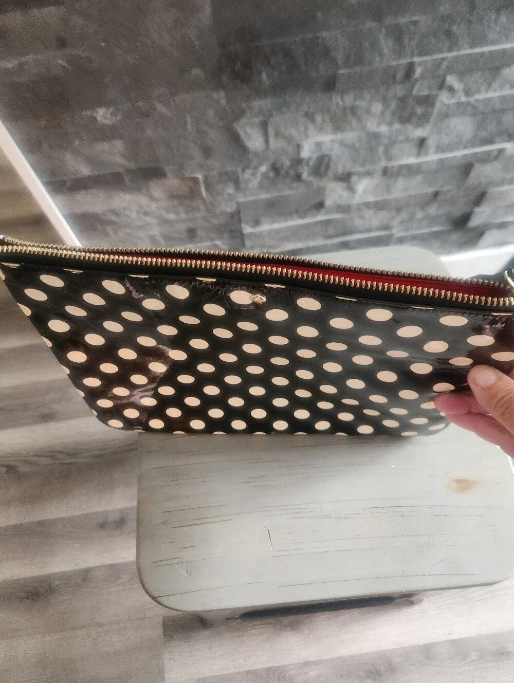 Kate Spade Patent Leather Black and White Polka Dot Zip Pouch